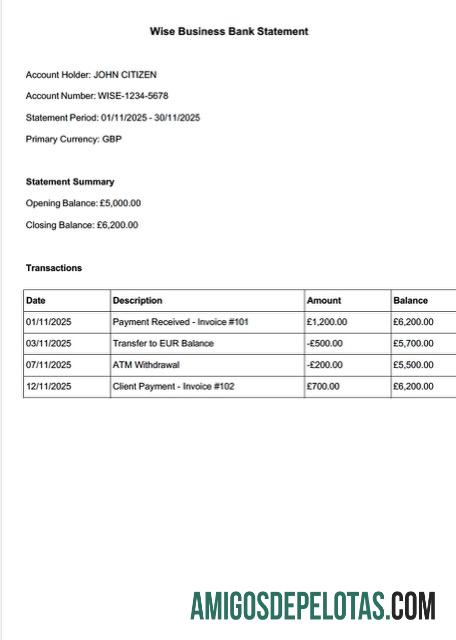 Modelo Word e PDF para download do extrato bancário Wise do Reino Unido